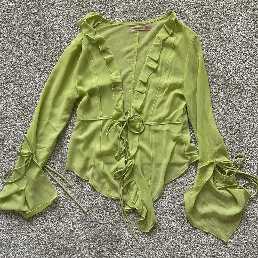 VICI size SMALL Sheer Lime Green Ruffle Tie-Front Blouse